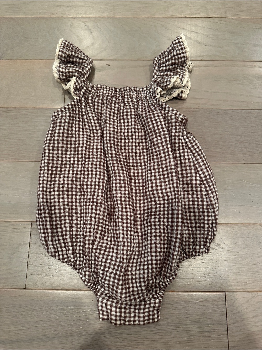 Gingham Ruffle Strap Baby One-Piece in Brown